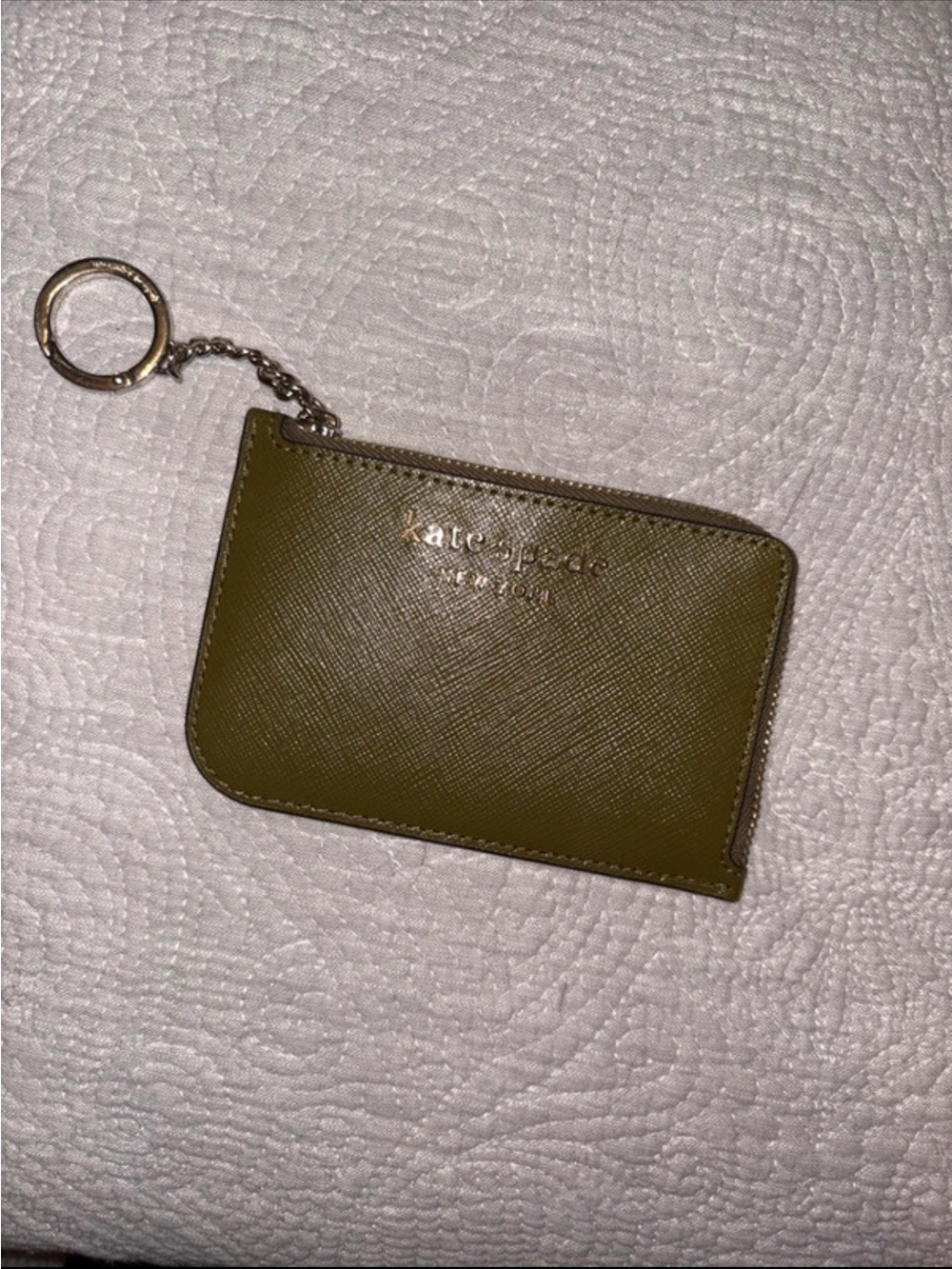kate spade olive green leather zip card holder with keyring